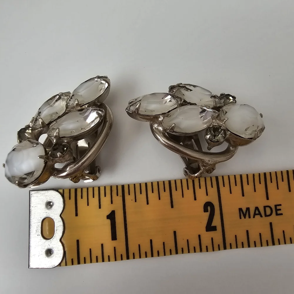 Vintage 1950s Frosted Glass Sugar Rhinestone Climber Clip-On Earrings